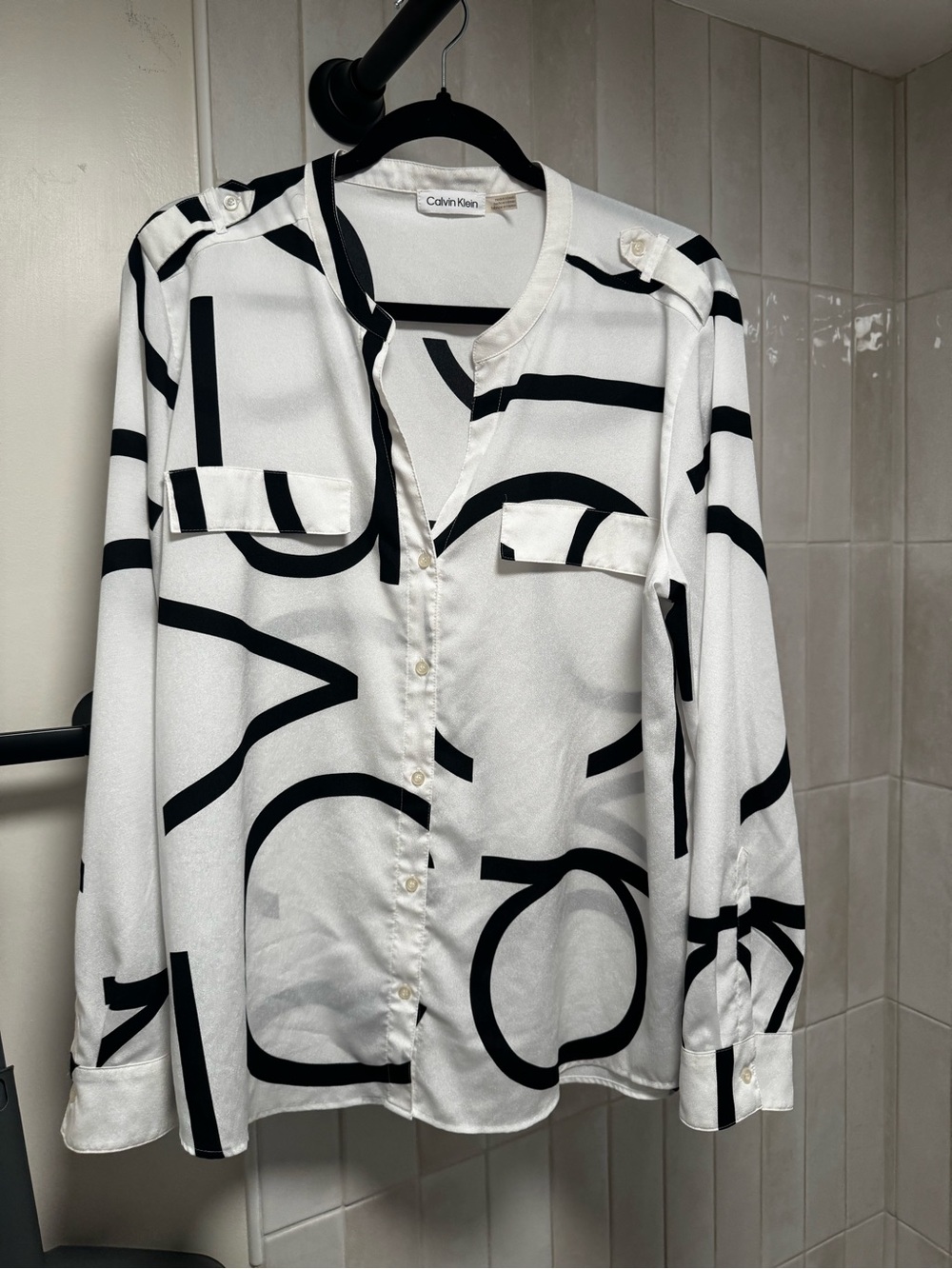Calvin Klein White Button-Down Shirt with Black Graphic Print
